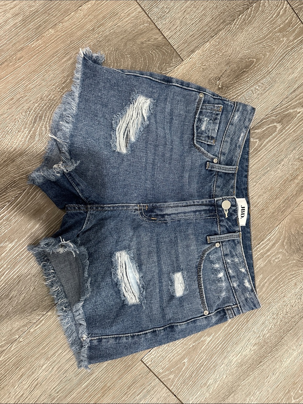 High-Rise Distressed Blue Denim Jean Shorts